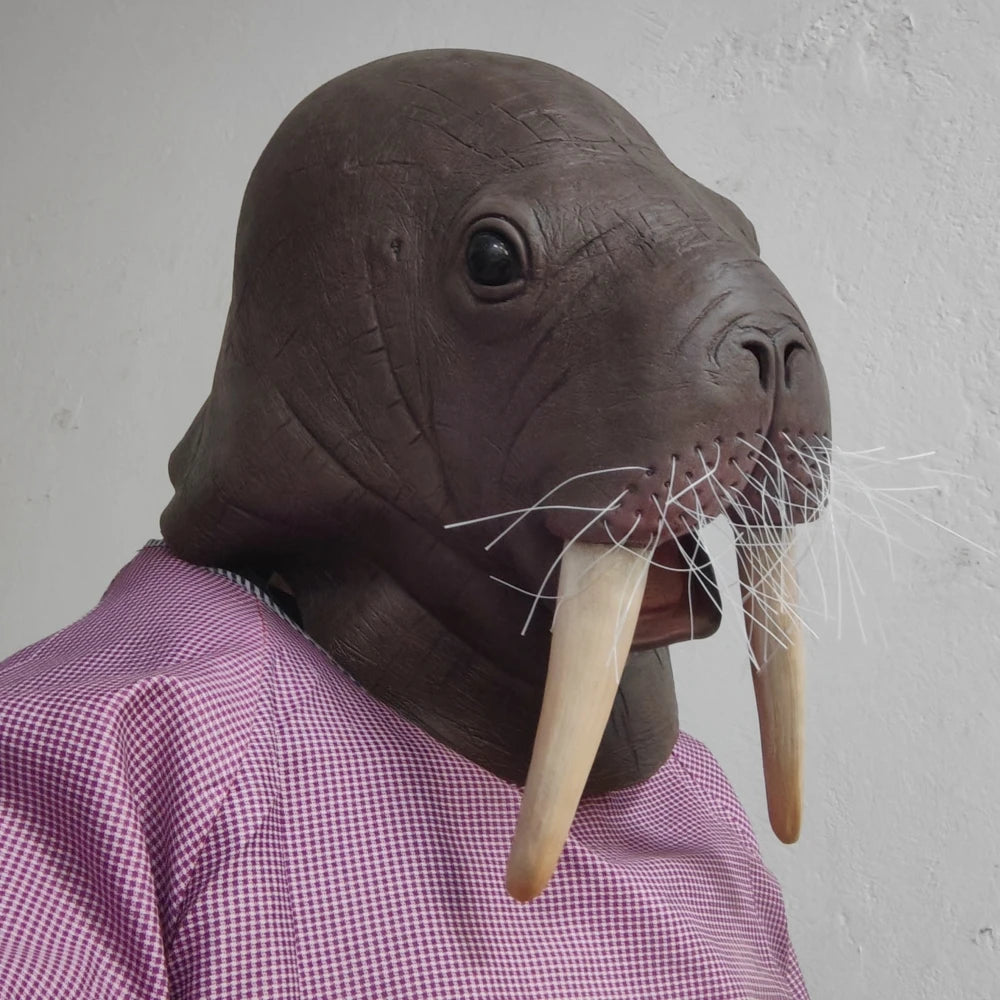 Masque de morse / Lion de mer en latex – Tête complète, costume animal, drôle et légèrement effrayant