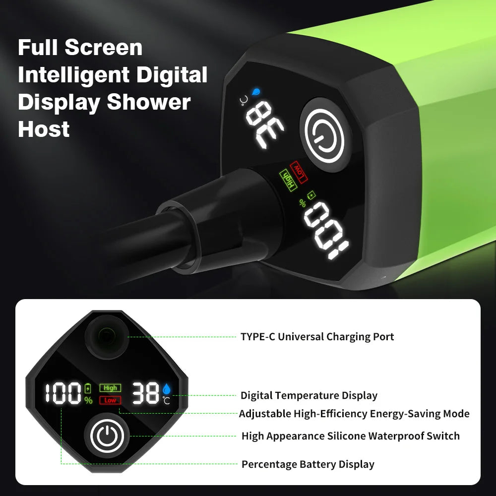 Camping Shower Pump, Outdoor Shower Kit, with Full Screen, Intelligent Digital Display, Adjustable, 6000mAh 