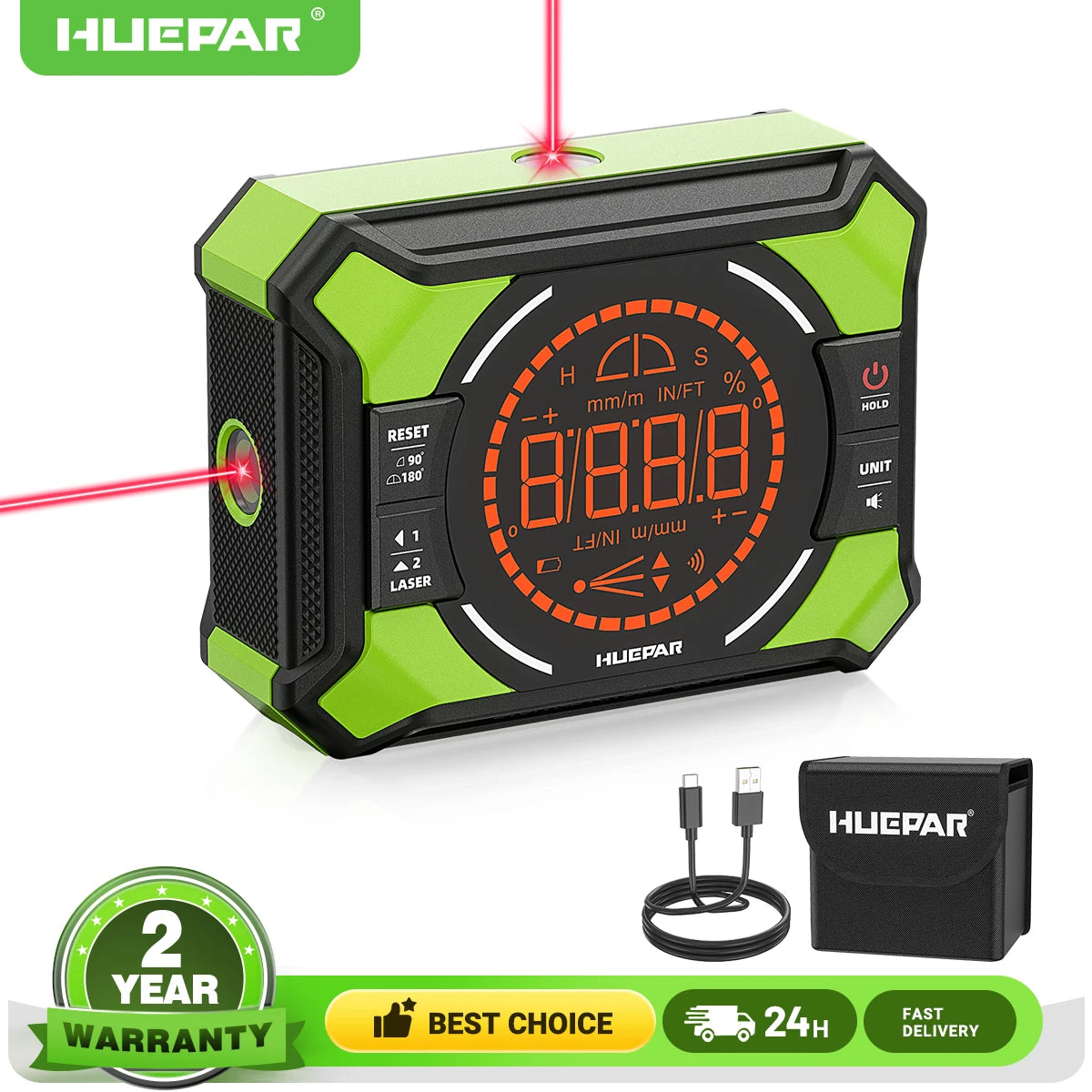Niveau/Rapporteur d'angle numérique Huepar avec laser et écran LCD – inclinomètre magnétique compact