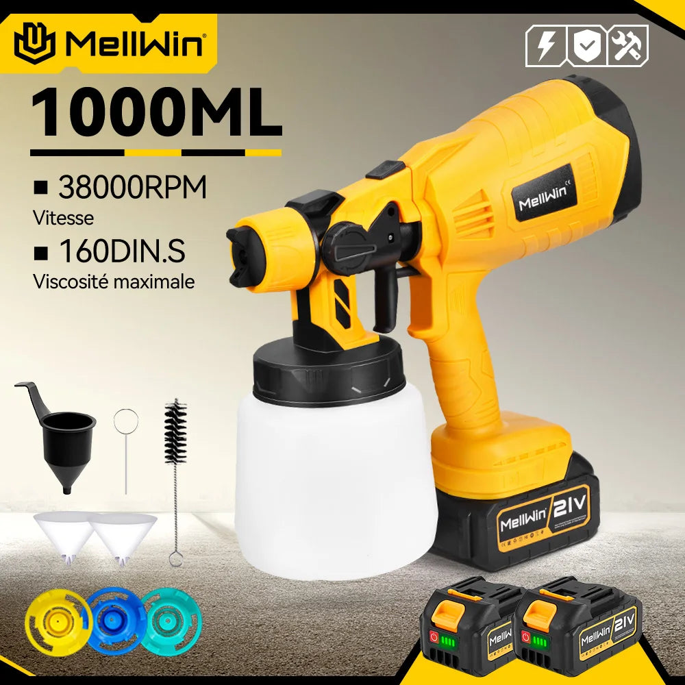 MELLWIN 1000ML pistolet de pulvérisation électrique Portable sans fil pulvérisateur de peinture HVLP meubles de voiture pulvérisateur domestique pour Makita 18VBattery broche