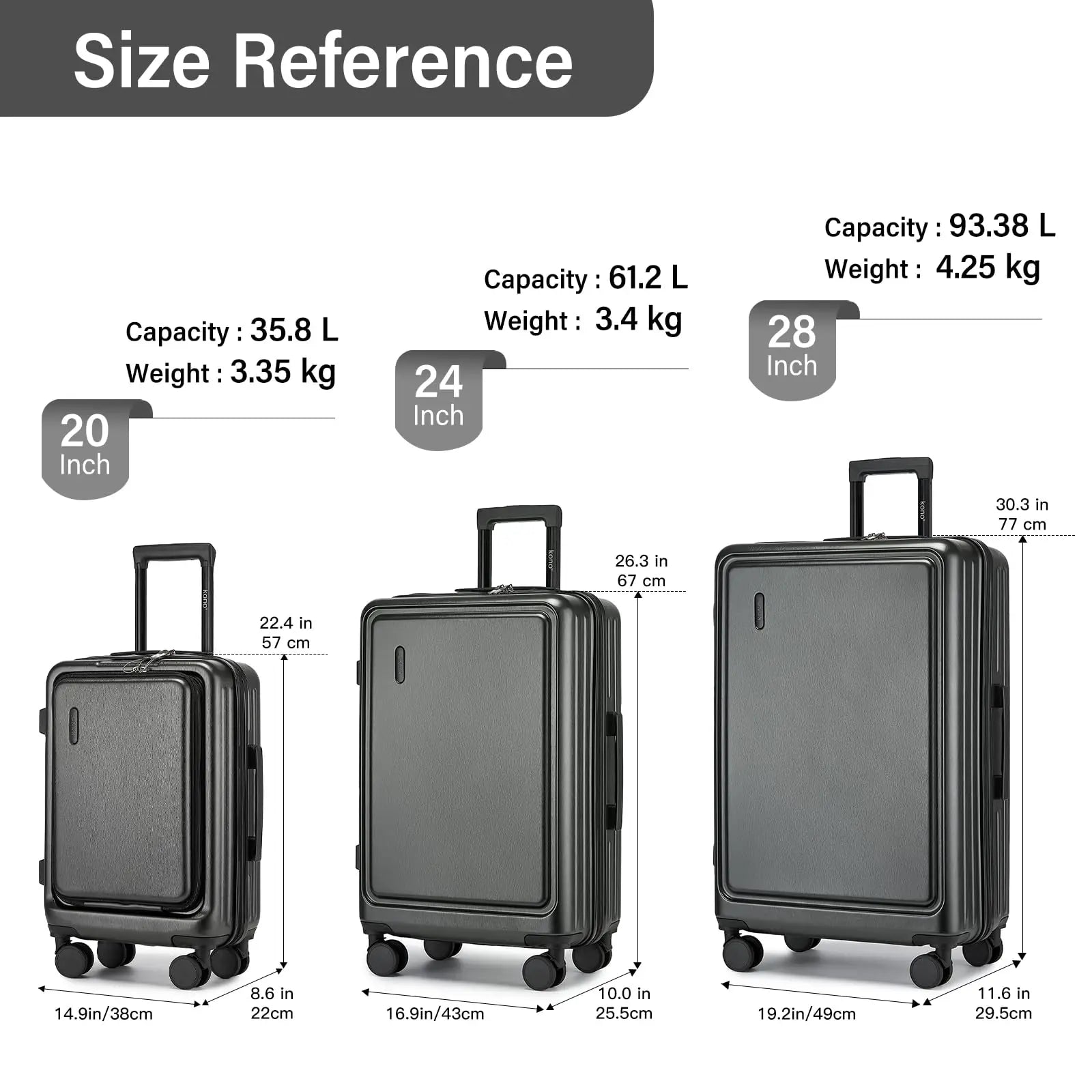 Ensemble de valises rigides ABS + PC KONO – serrure TSA, 4 roues 360°, cabine et soute