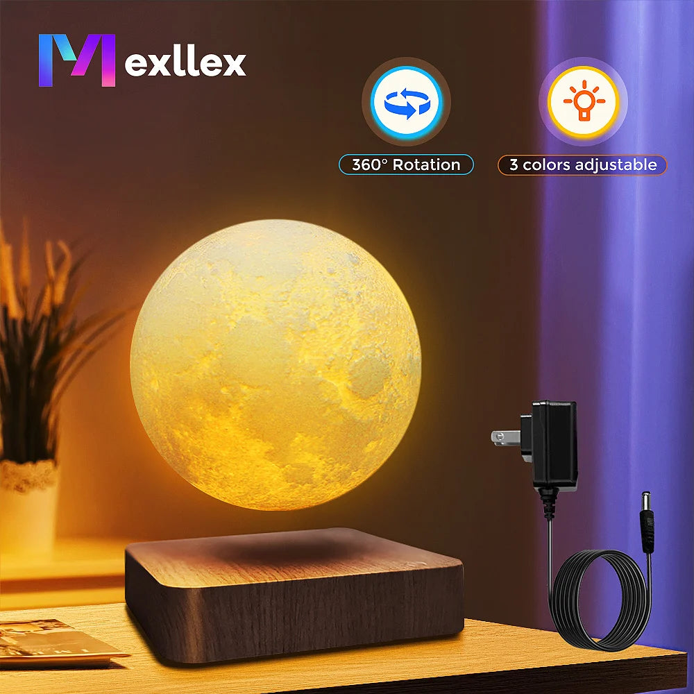 Magnetic Levitating Moon Floating Night Light 3 Color Temperature Creative 3D LED Table Lamp with Wooden Base