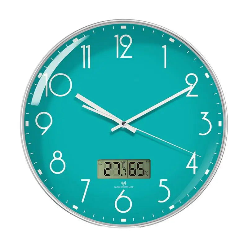 Silver Wall Clock Battery Operated with LCD Display, Non-Ticking, Kitchen, Temperature and Humidity, 12" 