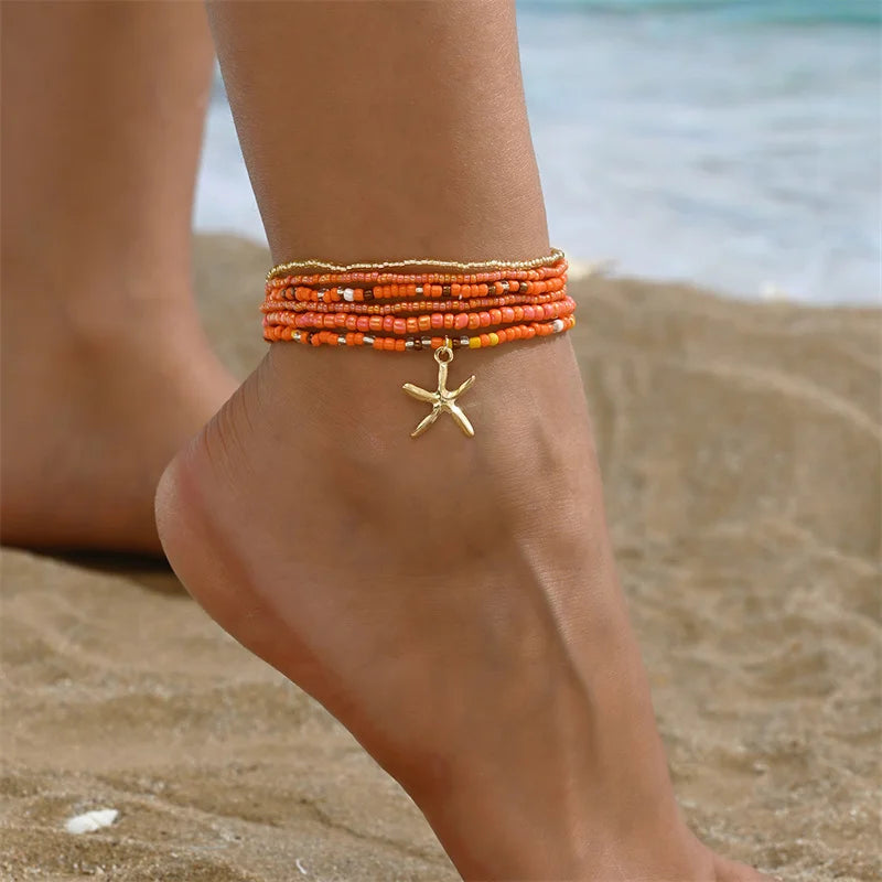 Colorful Beaded Anklet for Women Starfish Pendant Rice Beads Summer Fashion Multilayer Bracelet Bohemian Leg Jewelry