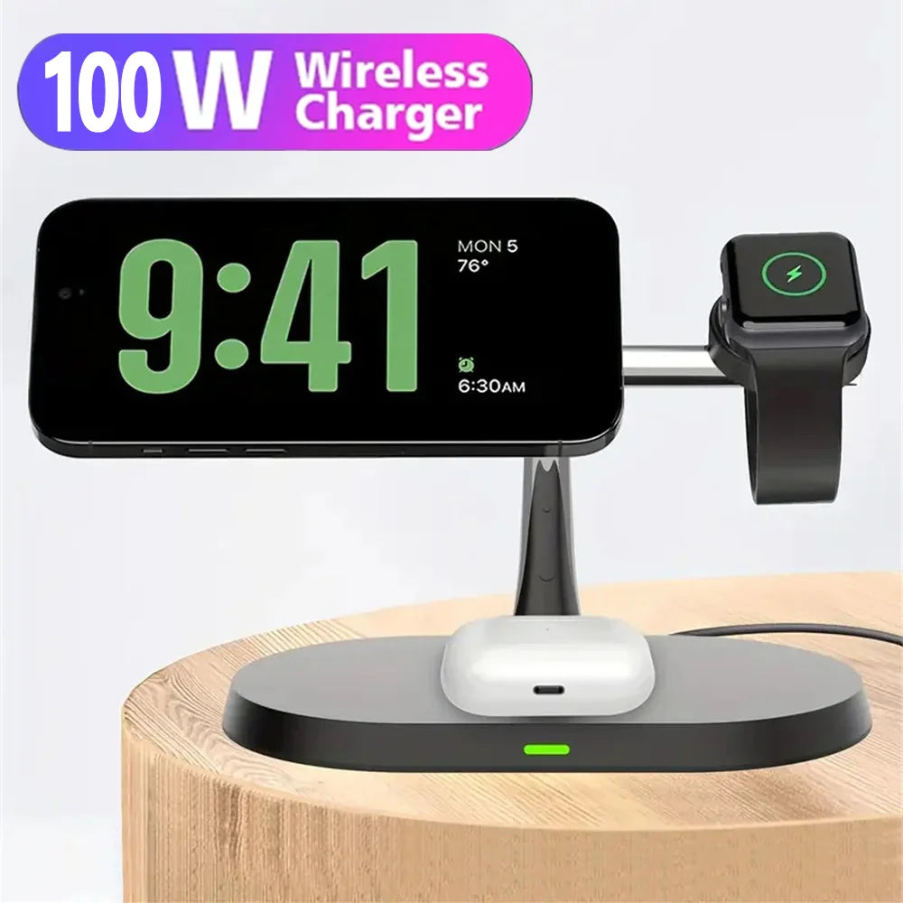 Charger, Charging Station, 3 in 1 Wireless for iPhone, Fast Charging Station, Magsafe, Airpods Pro, Apple Watch 9, 8, 7, 6, QI, 100W, 12, 13, 14, 15 