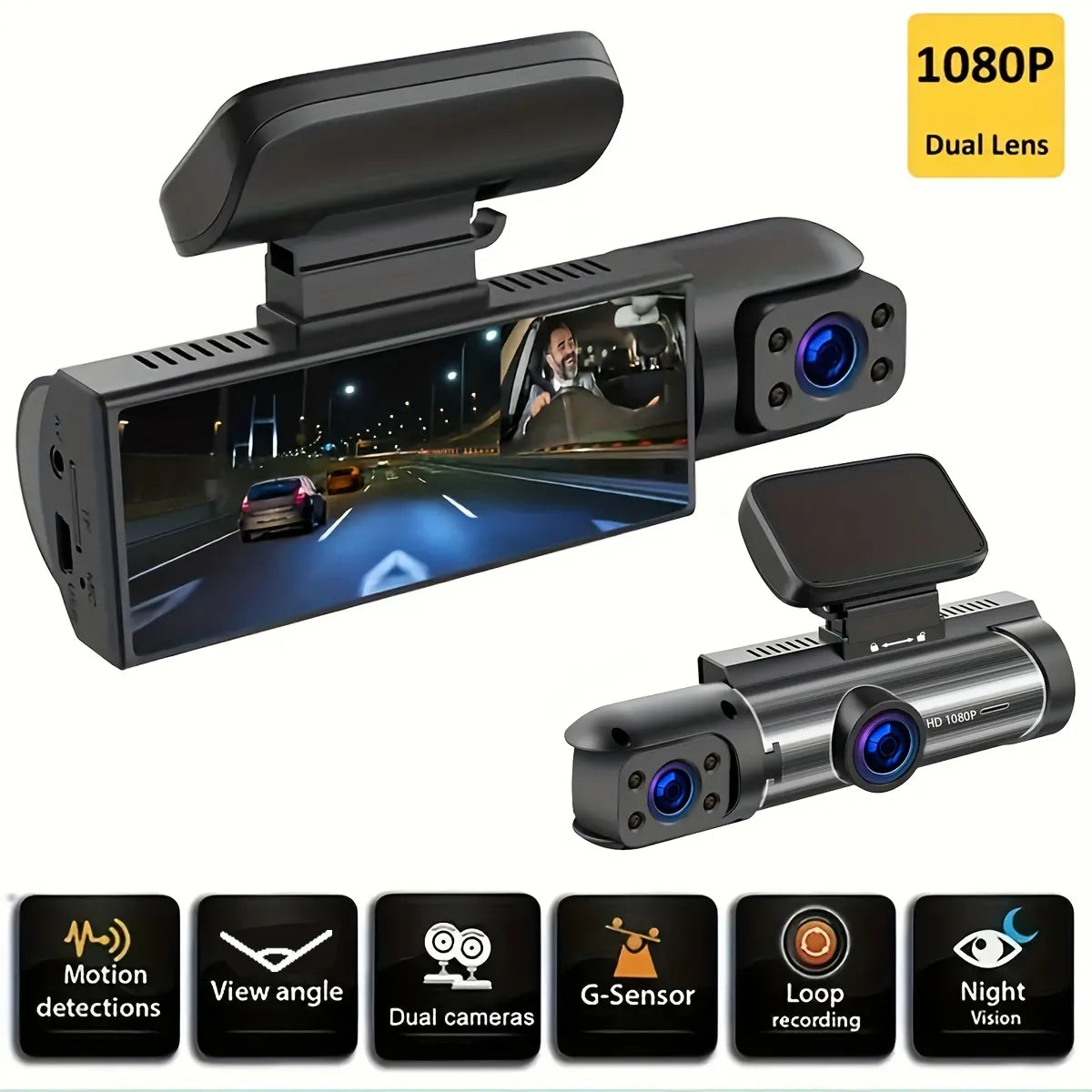 Dual Dash Cam for Car, 1080P Front and Inside with IR Night Vision, Static Loop Recording, Wide Angle, DVR 