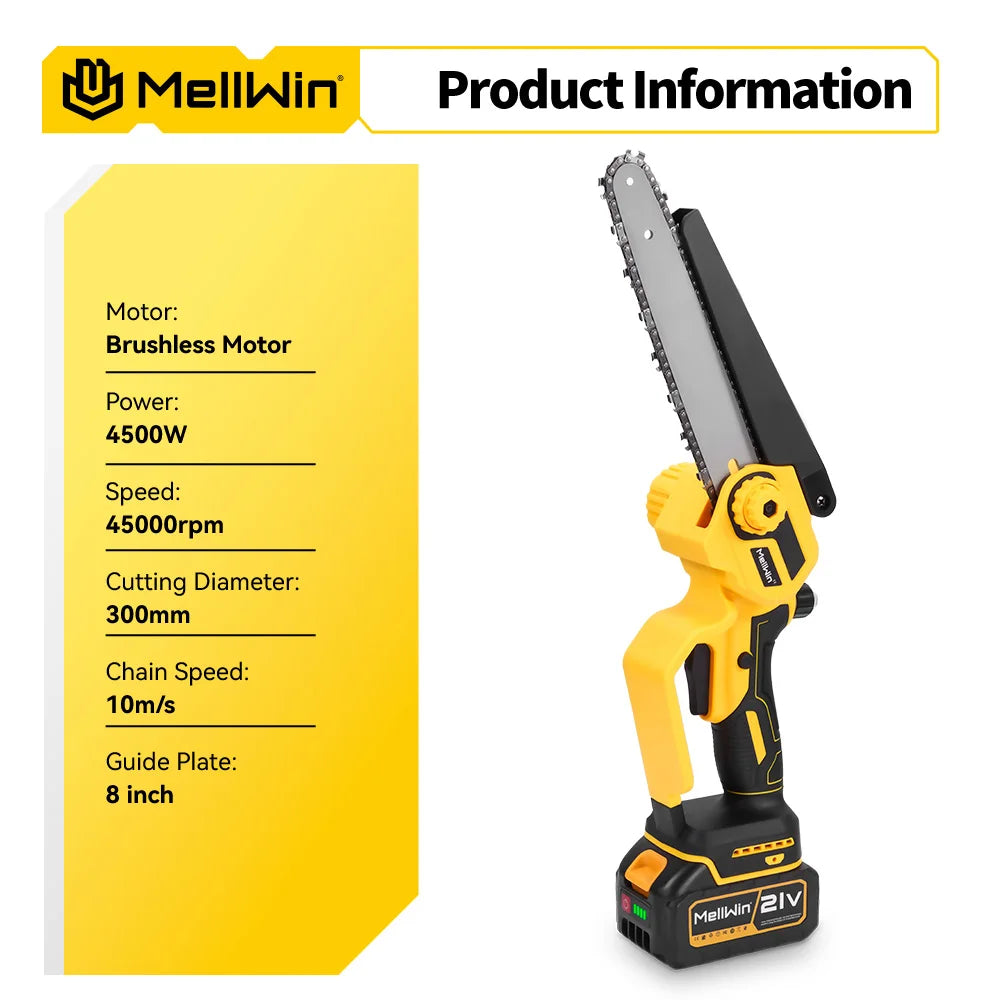 MELLWIN – scie à chaîne électrique sans balais de 8 pouces, tronçonneuse sans fil pour coupe du bois, outil de scie pour Makita, broche de batterie 18V