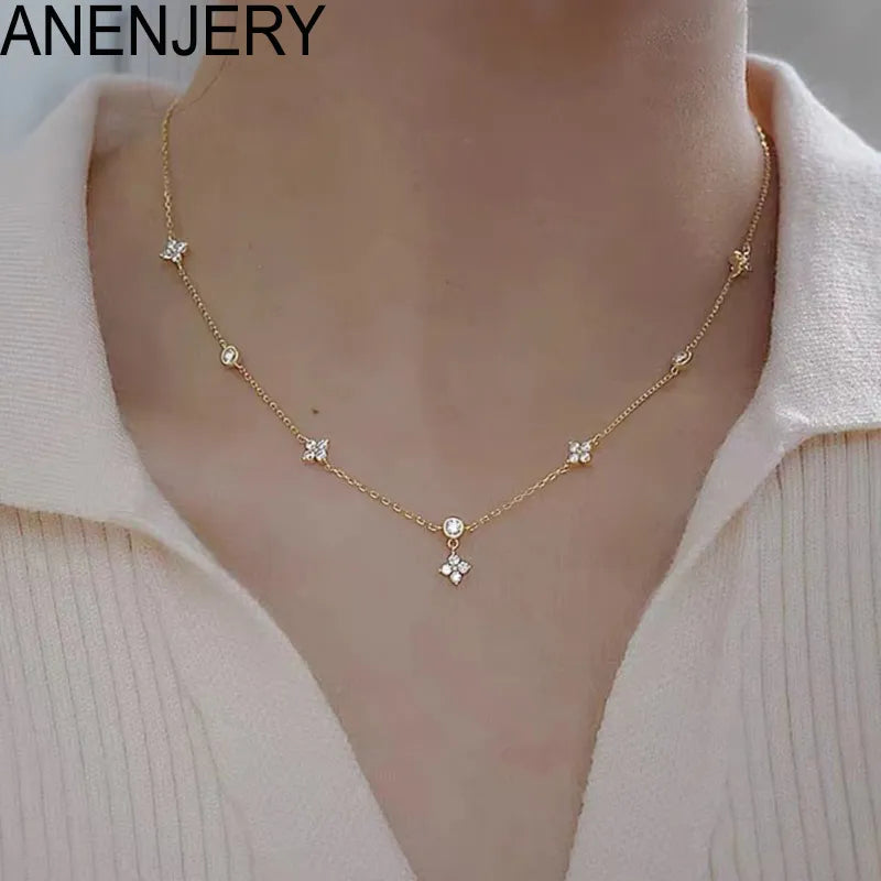 ANENJERY Women's Zircon Inlaid Four Leaf Chain Necklace, Trendy Choker Accessories