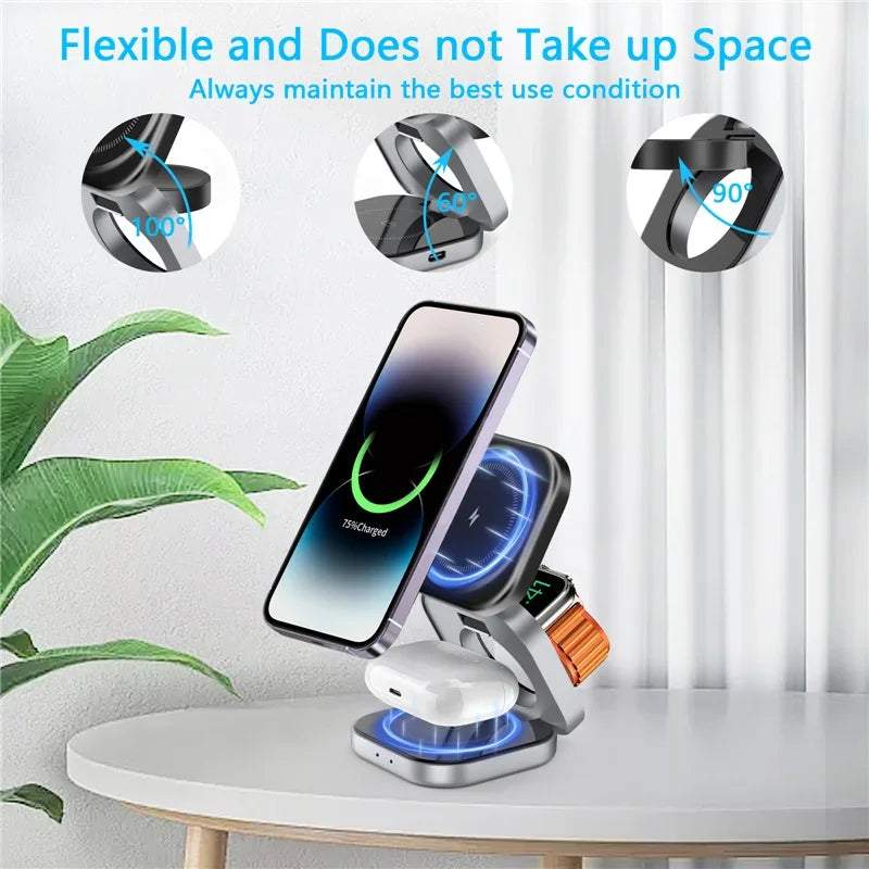 Charger, Foldable Magnetic Wireless Charging Stand, Fast Charging Holder, iPhone 15 14 13 Samsung IWatch AirPods 3/2 Station S6, 3 in 1 