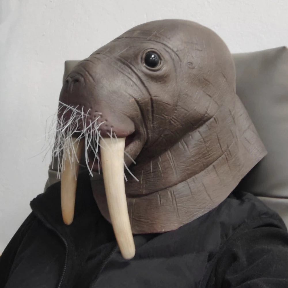 Masque de morse / Lion de mer en latex – Tête complète, costume animal, drôle et légèrement effrayant