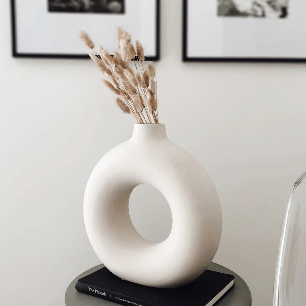 Nordic Hollow Ceramic Circular Vase, Donut Shape Flower Pot, Home Decor Accessories for Living Room, Office and Gift