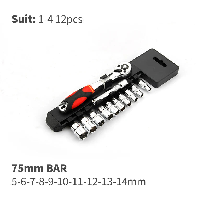 Quick Release Reversible Ratchet Wrench Set Tools with Hanging Bracket 1/4", 3/8", 1/2", 6.35mm, 10mm, 12.5mm