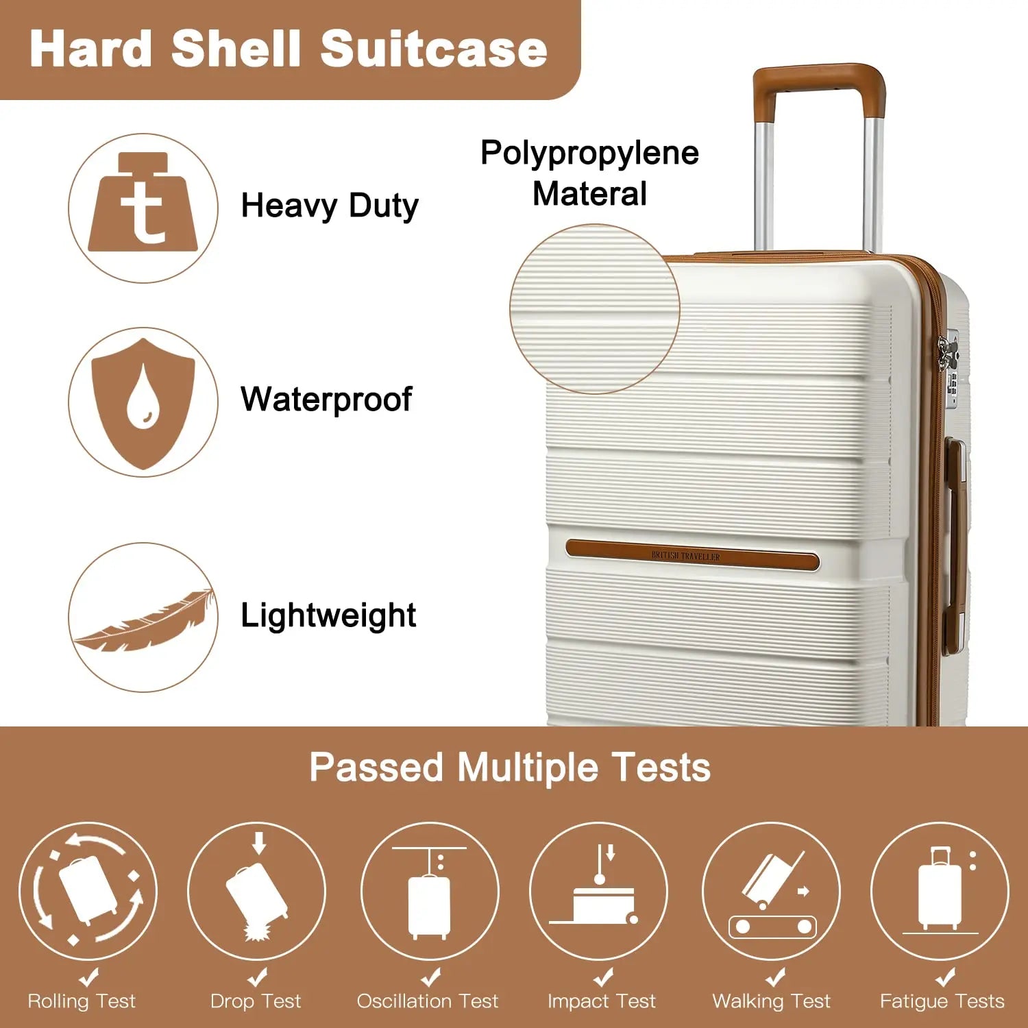 Valise rigide de voyage British Traveller – Bagage à roulettes avec serrure TSA, 100% PP, 8 roues tournantes, beige
