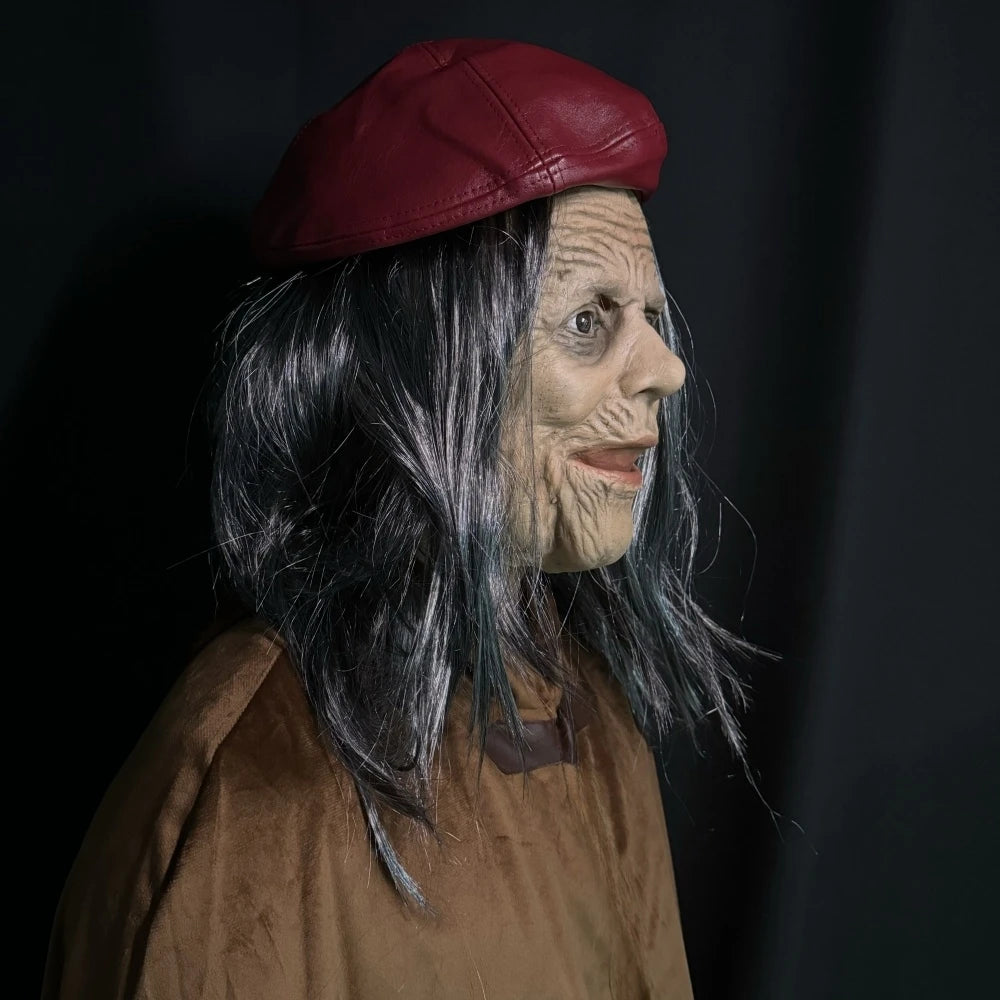 Masque d'halloween effrayant en caoutchouc pour grand-mère, bouche mobile, vieille femme, sorcière, avec perruque, béret rouge, visage réaliste en Latex pour fête