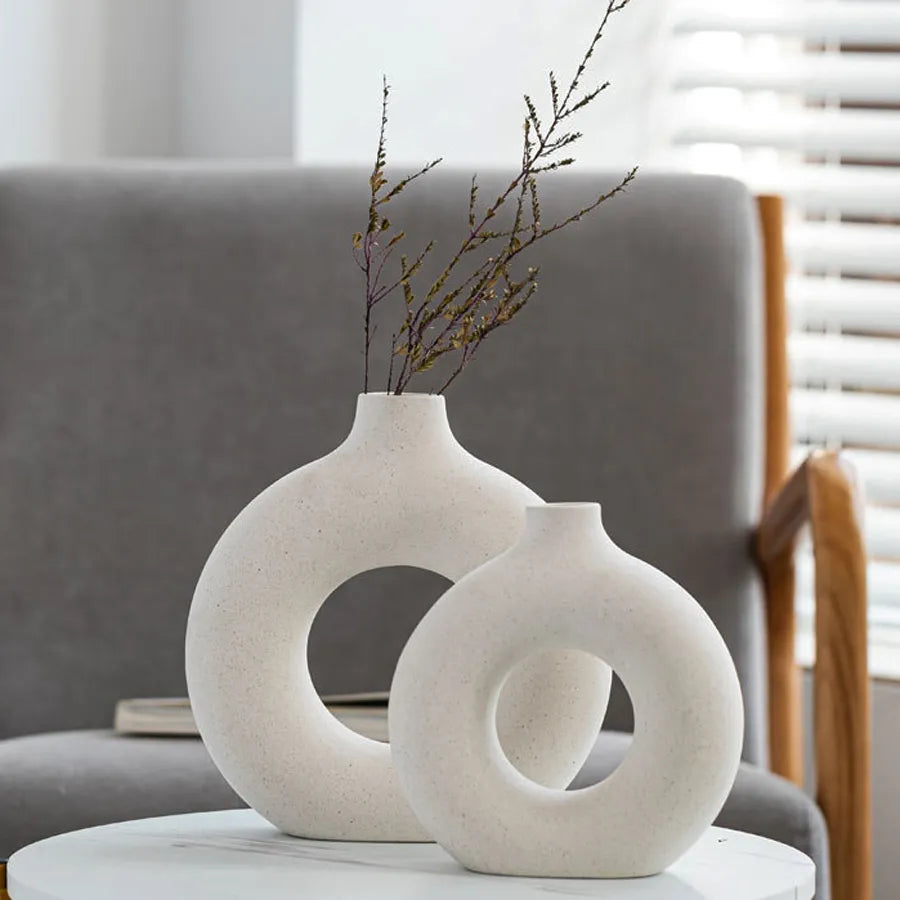 Nordic Hollow Ceramic Circular Vase, Donut Shape Flower Pot, Home Decor Accessories for Living Room, Office and Gift