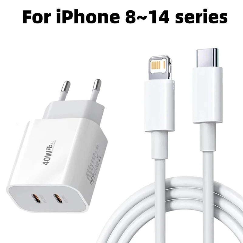 Chargeur PD 40W pour iPhone 16 / 15 / 14 / 13 / 12 / 11 Pro Max / Mini / 7 / 8 Plus / XR, avec câble Type-C charge rapide