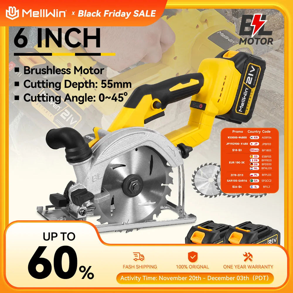 MELLWIN scie circulaire électrique sans brosse de 6 pouces 150MM scie circulaire portative sans fil outil de travail du bois pour Makita broche de batterie 18V