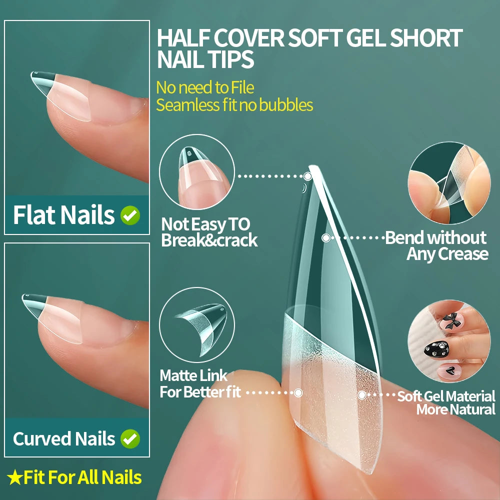 Faux ongles courts demi-couverture, extra court, carré, transparent, Gel, pré-forme avec poignées, 600 pièces