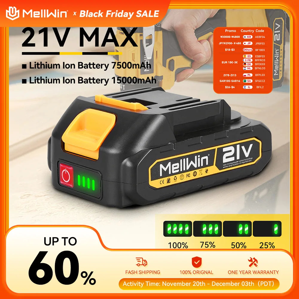 Batterie rechargeable MELLWIN 7 500 mAh – batterie au lithium avec indicateur LED pour outils électriques, compatible broches de batterie 18–21 V