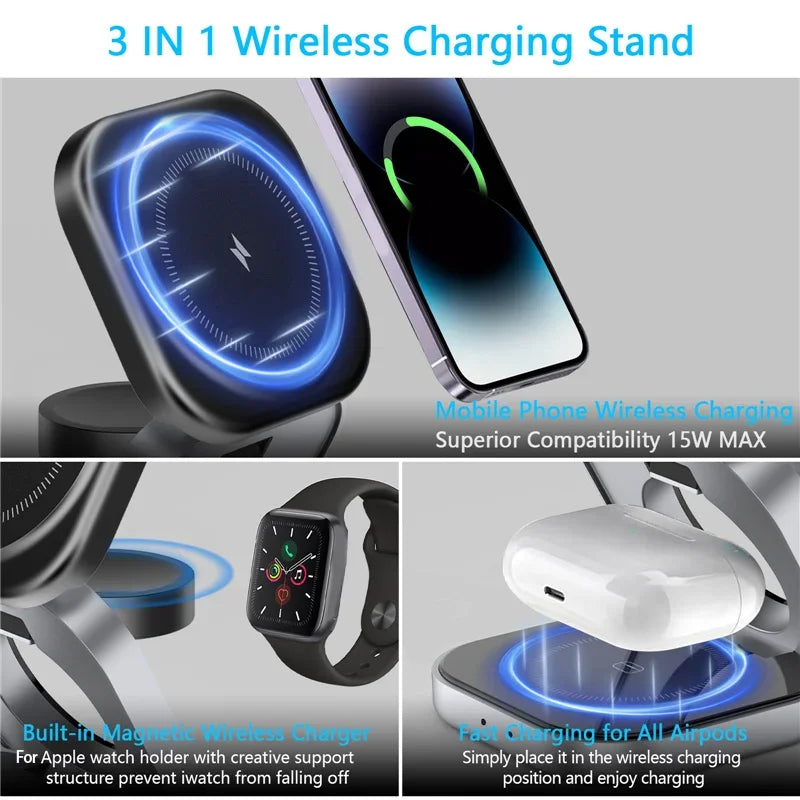 Charger, Foldable Magnetic Wireless Charging Stand, Fast Charging Holder, iPhone 15 14 13 Samsung IWatch AirPods 3/2 Station S6, 3 in 1 