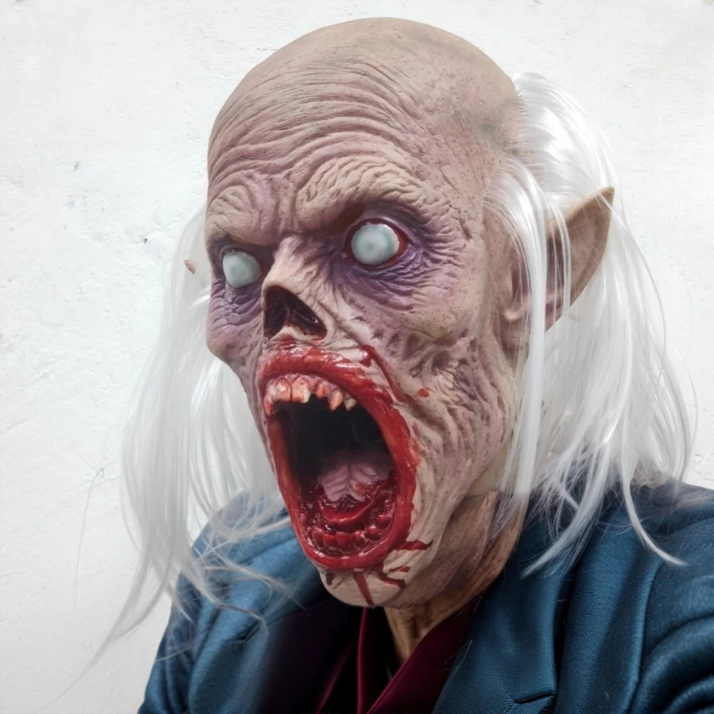 Ensemble de masques d'Halloween de Vampire effrayant avec cheveux blancs, bouche sanglante, aveugle, personnage chauve, accessoire de dents pour fêtes à thème d'horreur