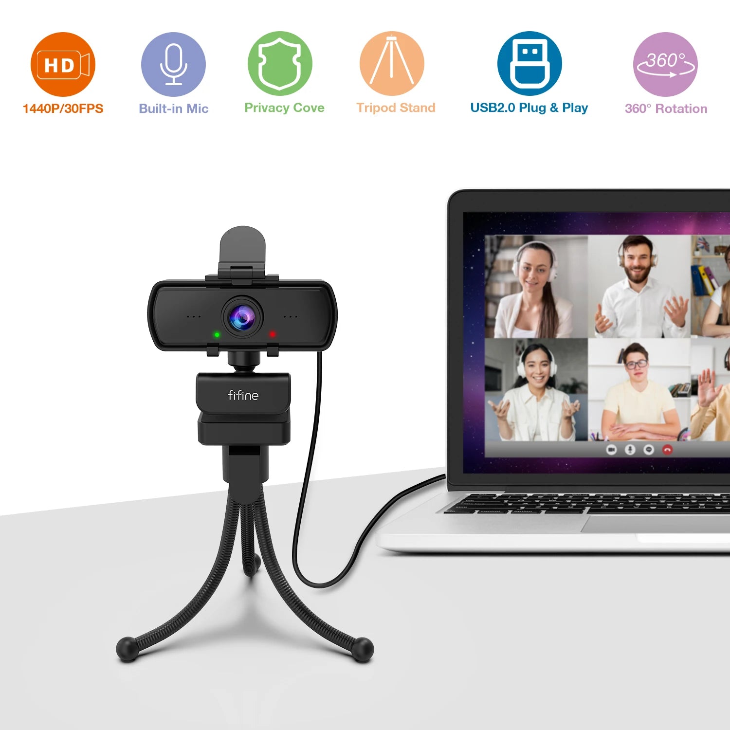 Caméra Webcam PC Full HD 1440p avec microphone, trépied, pour ordinateur de bureau et ordinateur portable USB