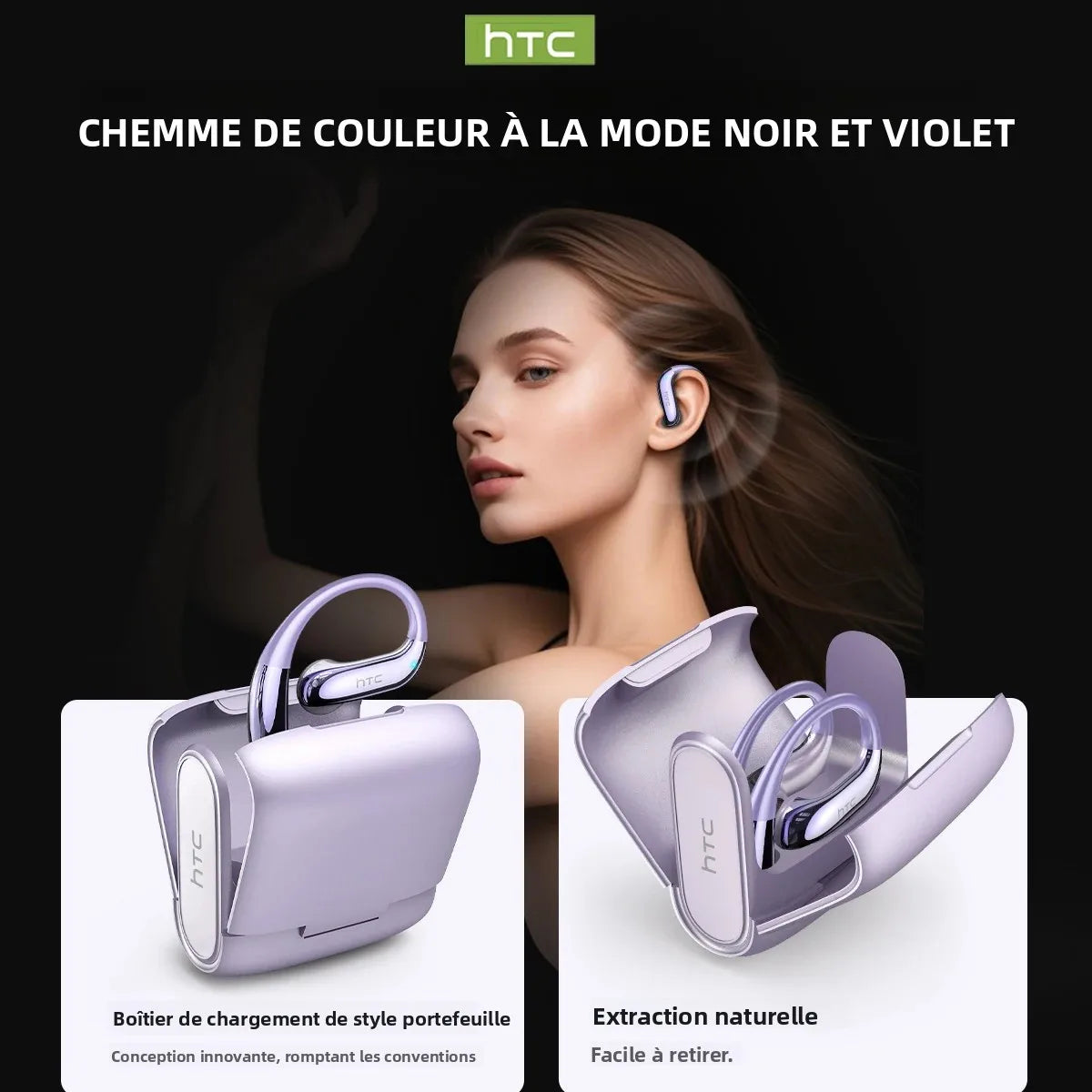 Écouteurs HTC NE23 Bluetooth V6.0 à oreille ouverte sans fil, traducteur IA, appels HD, élégants et fins