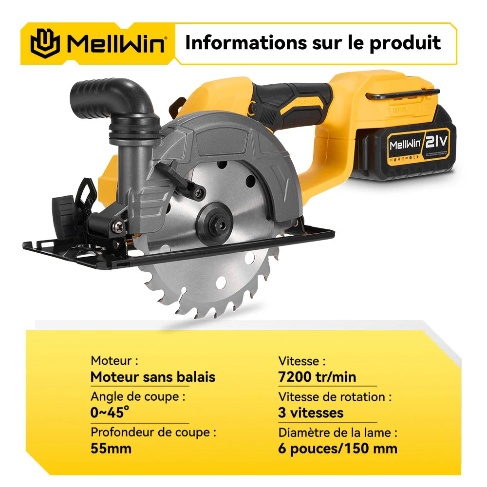 MELLWIN 150MM 6 pouces scie circulaire sans brosse scies électriques multifonctions tenu dans la main outil électrique pour Makita 18V batterie broche