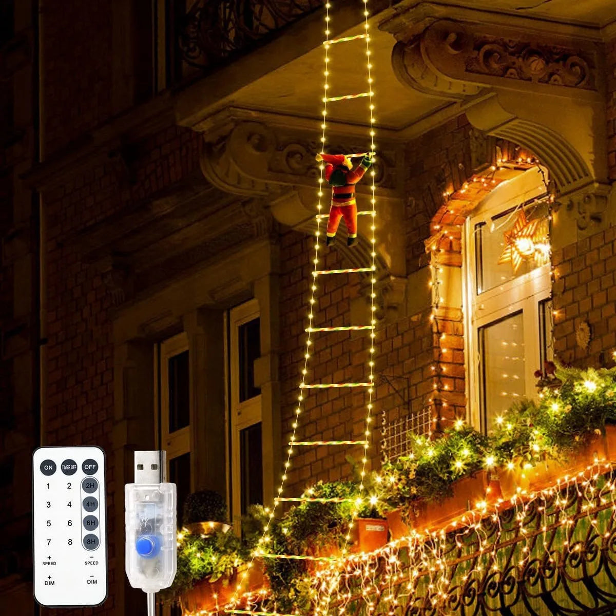 Échelle lumineuse Père Noël LED 1,5/3 m – Décoration de Noël avec 8 modes, USB, pour sapin, fenêtre et maison