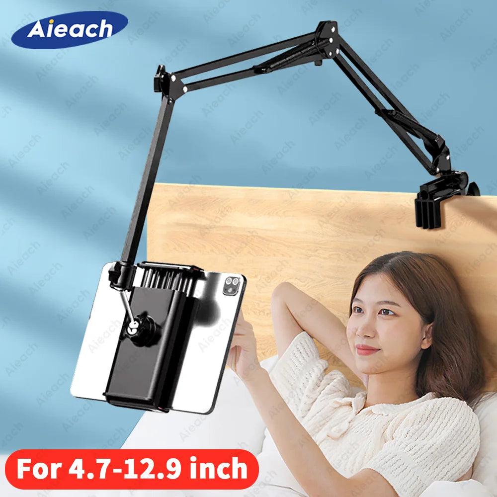 360° Rotating Tablet Stand with 90cm Metal Arm for 4.7-12.9 inch iPad and Phone 