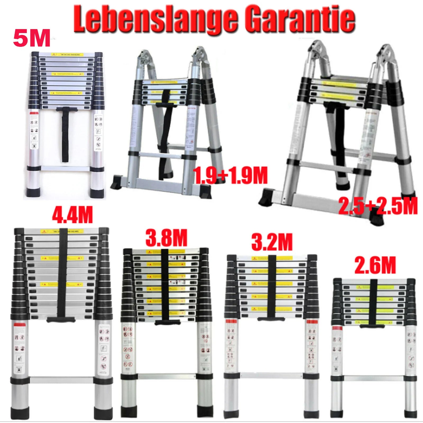 Aluminum Telescopic Ladder, Heavy Duty Extension Ladder, 2.6m-5m, Max Load 330lb, EN131 for Home and Outdoor Work