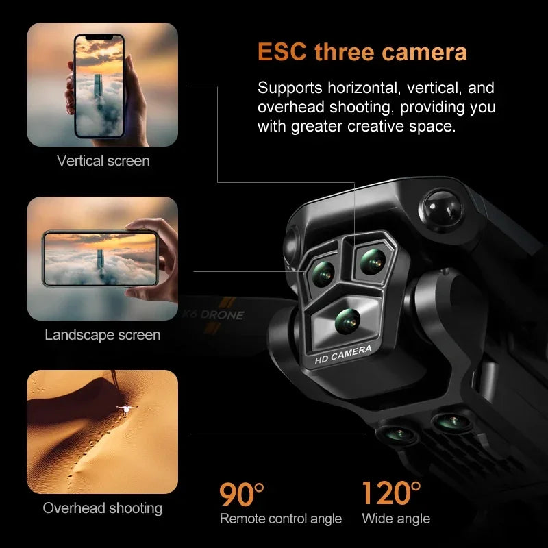 Drone SJY K6 Max WiFi avec 3 Caméras HD, Grand Angle, Flux Optique, Évitement d’Obstacles, 4 Canaux, Quadricoptère