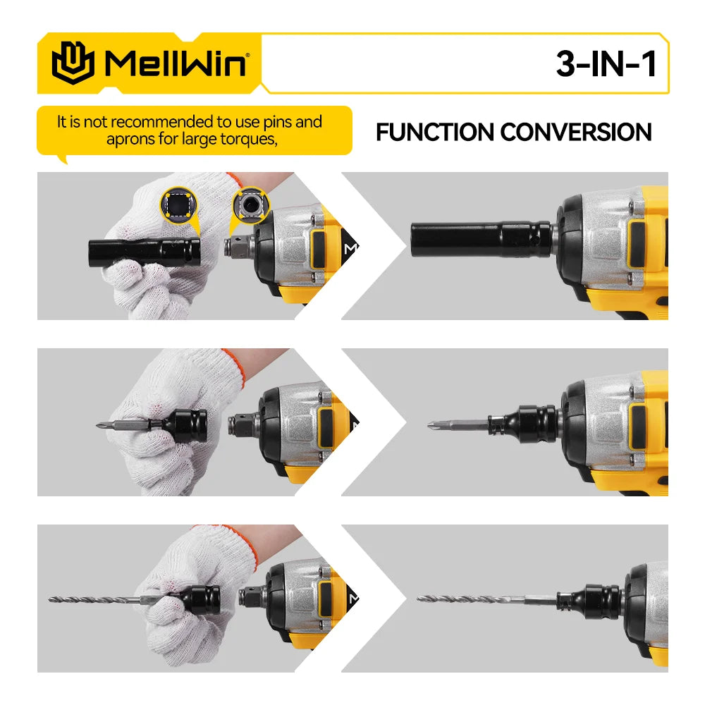 Clé à chocs électrique MELLWIN 520 Nm – 3-en-1 sans fil, brushless 800 W, perceuse tournevis et clé à chocs, compatible batterie Makita 18 V