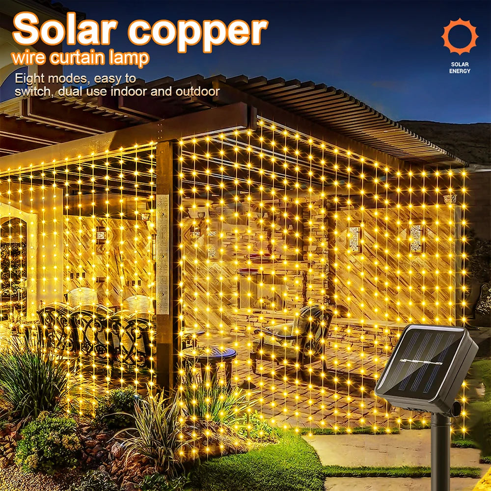 300 LED Solar Curtain Lights Outdoor Waterproof Garden Yard Pavilion Fairy String Lights Decoration 