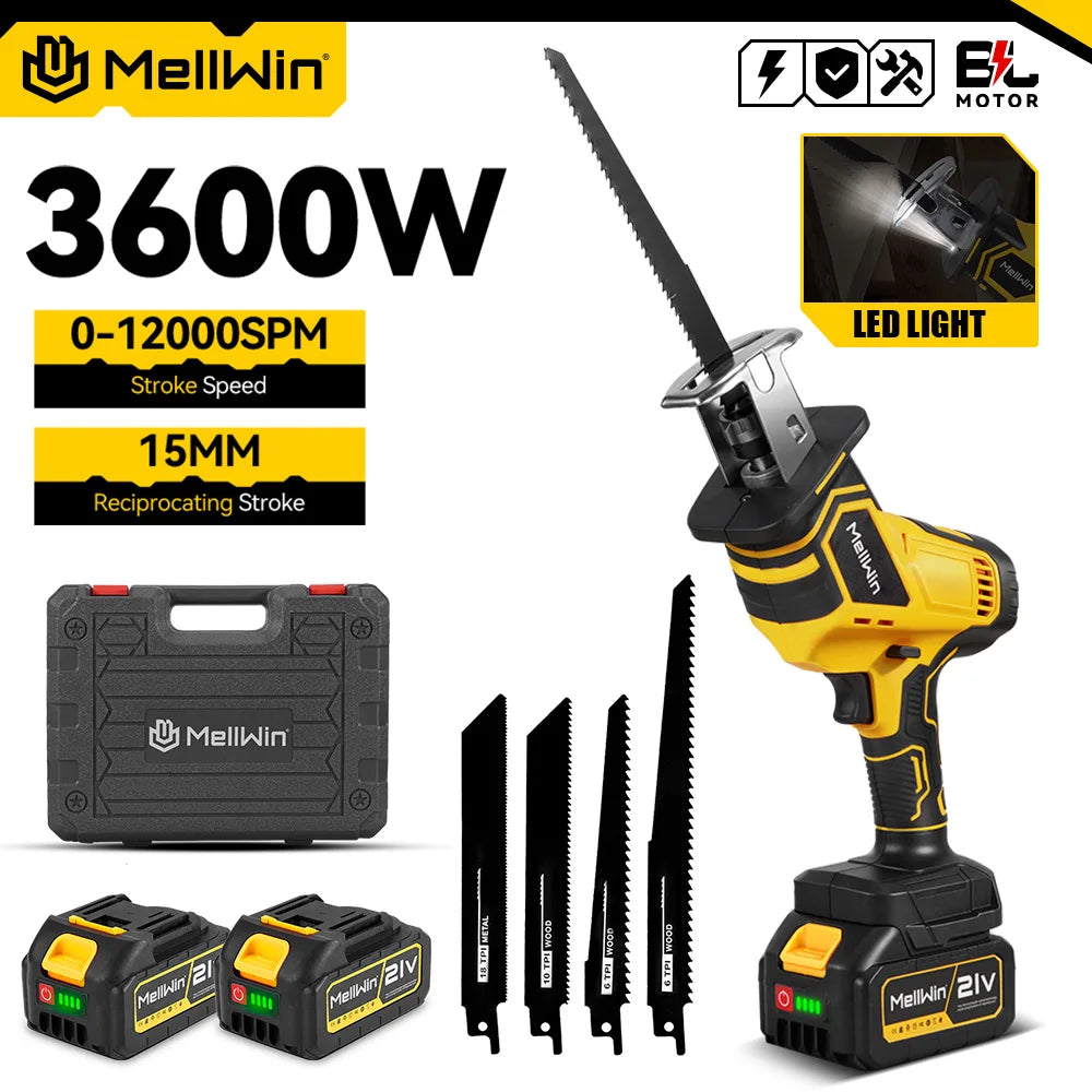 Scie Alternative Électrique Sans Fil MELLWIN – Vitesse Variable, Coupe Bois, Métal et PVC, Compatible Makita 18V