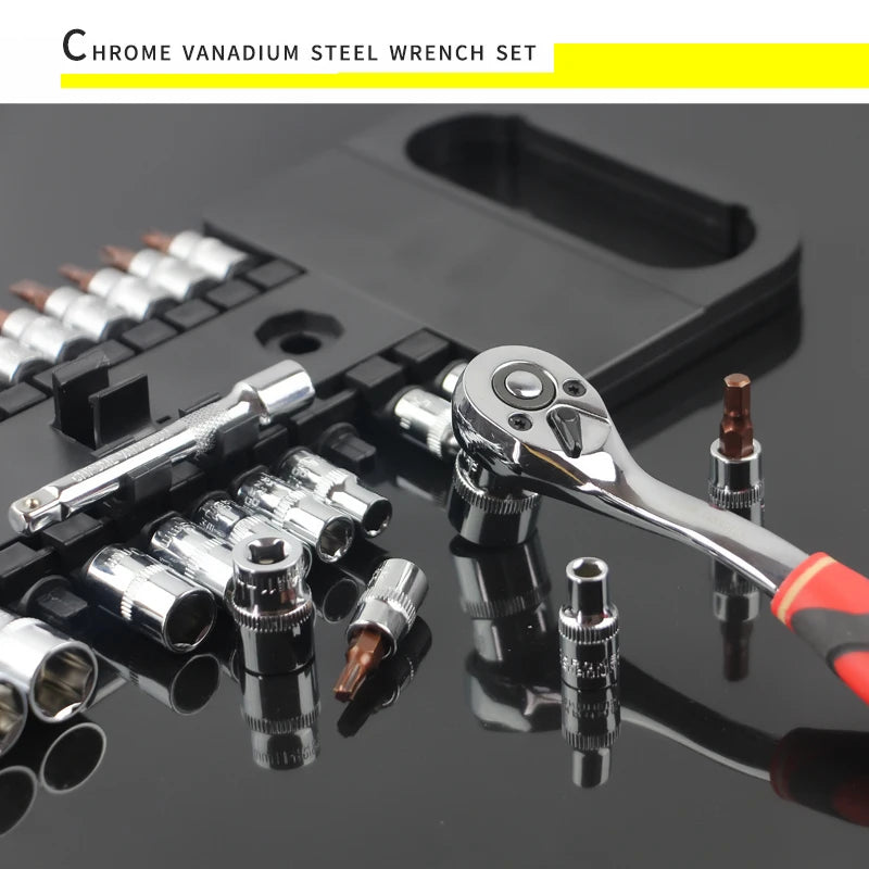 Quick Release Reversible Ratchet Wrench Set Tools with Hanging Bracket 1/4", 3/8", 1/2", 6.35mm, 10mm, 12.5mm