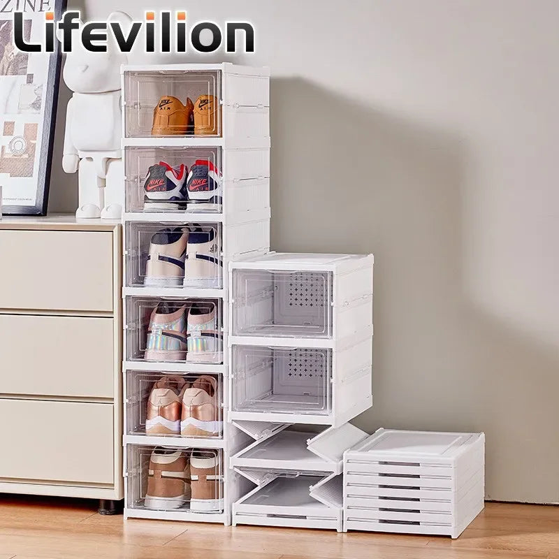 6 Tier Clear Foldable Shoe Box Storage Organizer Stackable Dustproof Cabinet Upright Shelf T1