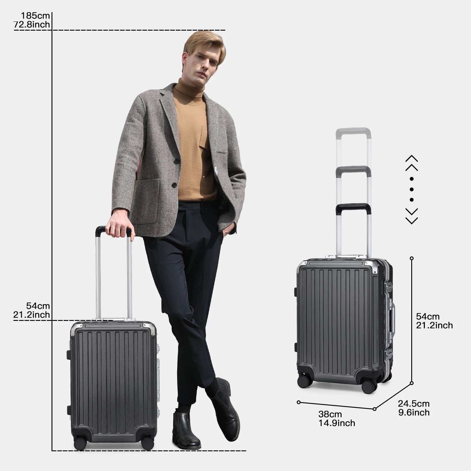 Valise rigide KONO – Bagage à main PC avec cadre aluminium, 4 rouleaux et serrure TSA