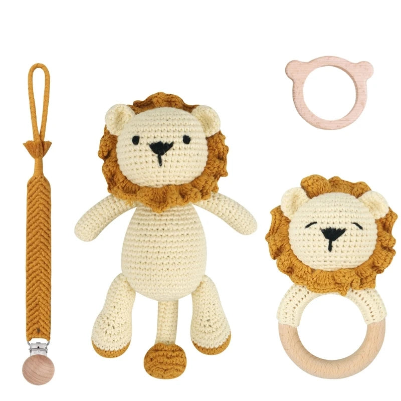 1-4pcs Newborn Baby Wooden Teether Toy Lion Shape Handmade Stuffed Animal Rattle Pacifier Clips