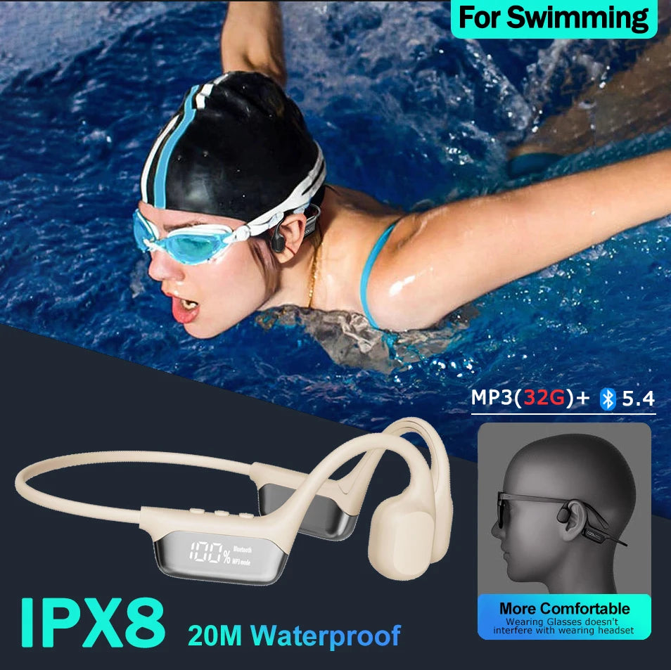 Casque à conduction osseuse sans fil Bluetooth 5.4 IPX8, Niveau d'étanchéité IPX8, adapté à la natation, aux sports et au cyclisme Casque indolore Prise en charge d'un lecteur MP3 avec une mémoire de 32G