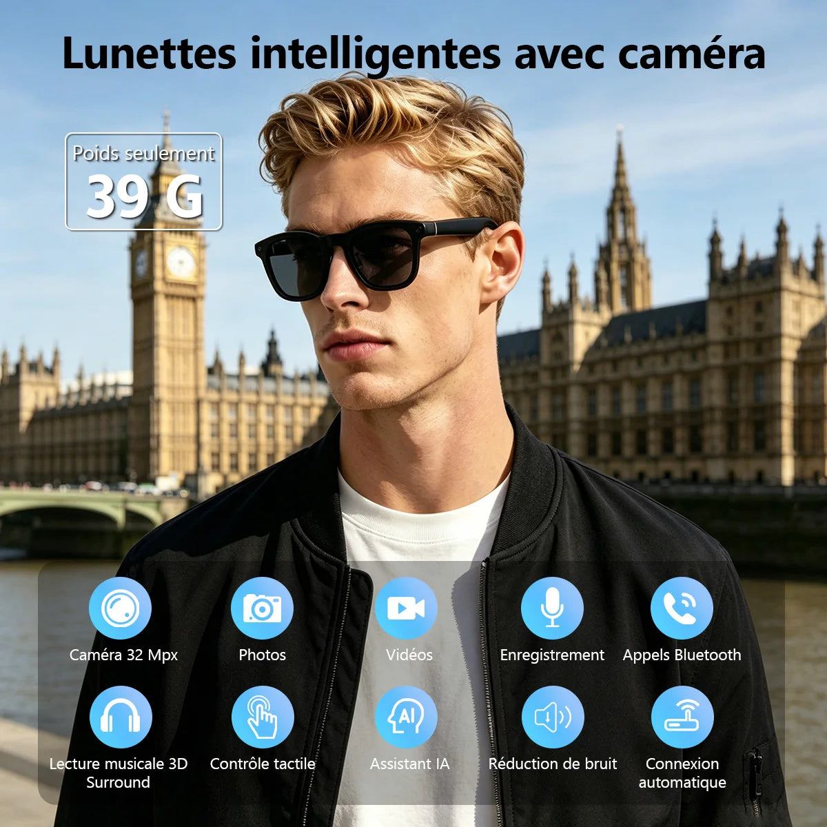 Lunettes Connectées Hganus Nouvelle Version Améliorée 800W avec Caméra, Étui Batterie 3600 mAh, Traduction IA, Enregistrement Photo/Vidéo