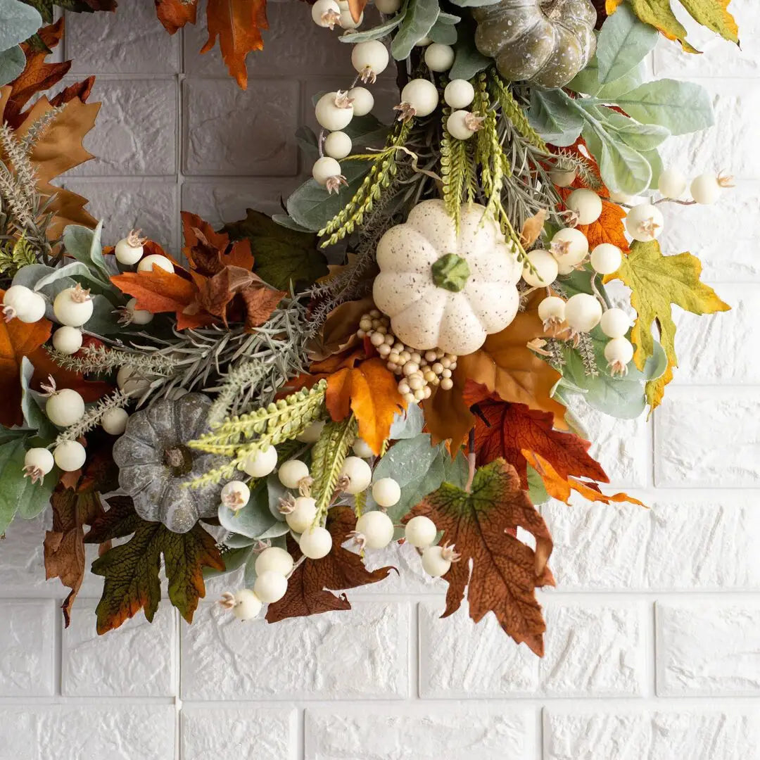 White Flower Wreath for Thanksgiving Decoration, Maple Wreath, Front Door, Indoor and Outdoor Wall, Home Decor, Fall