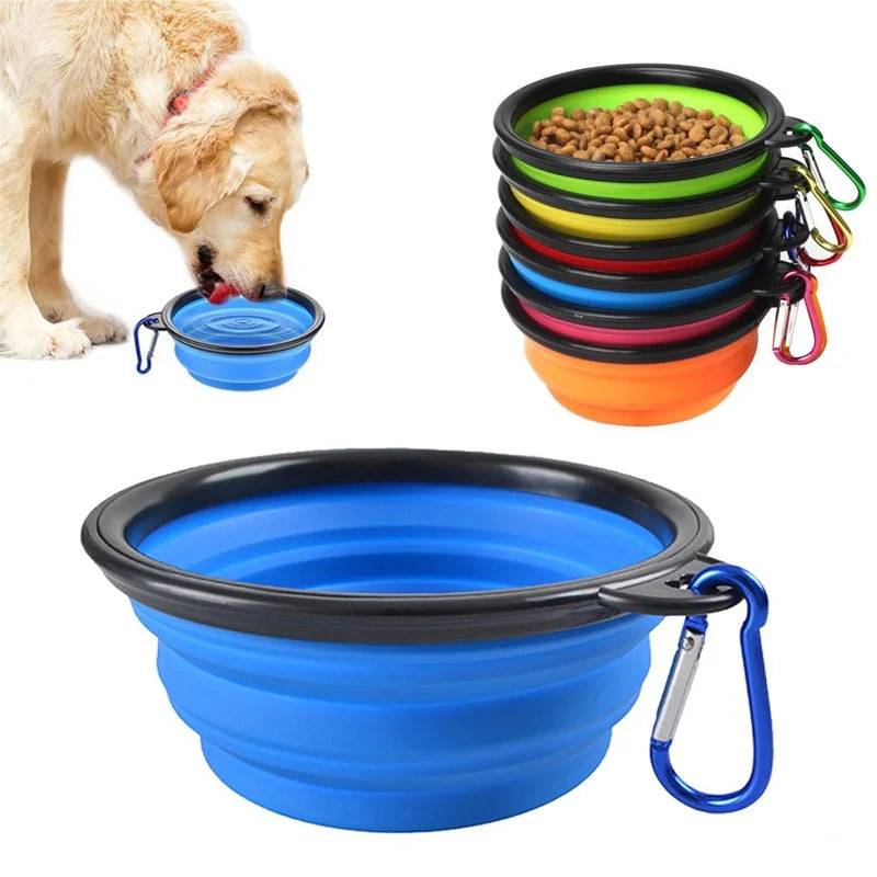 Tragbarer, faltbarer Silikon-Futterspender für Hunde und Katzen, 2-in-1-Haustierspender, Outdoor-Reisen, mit Karabiner, Flasche, Futter- und Wasserbehälter