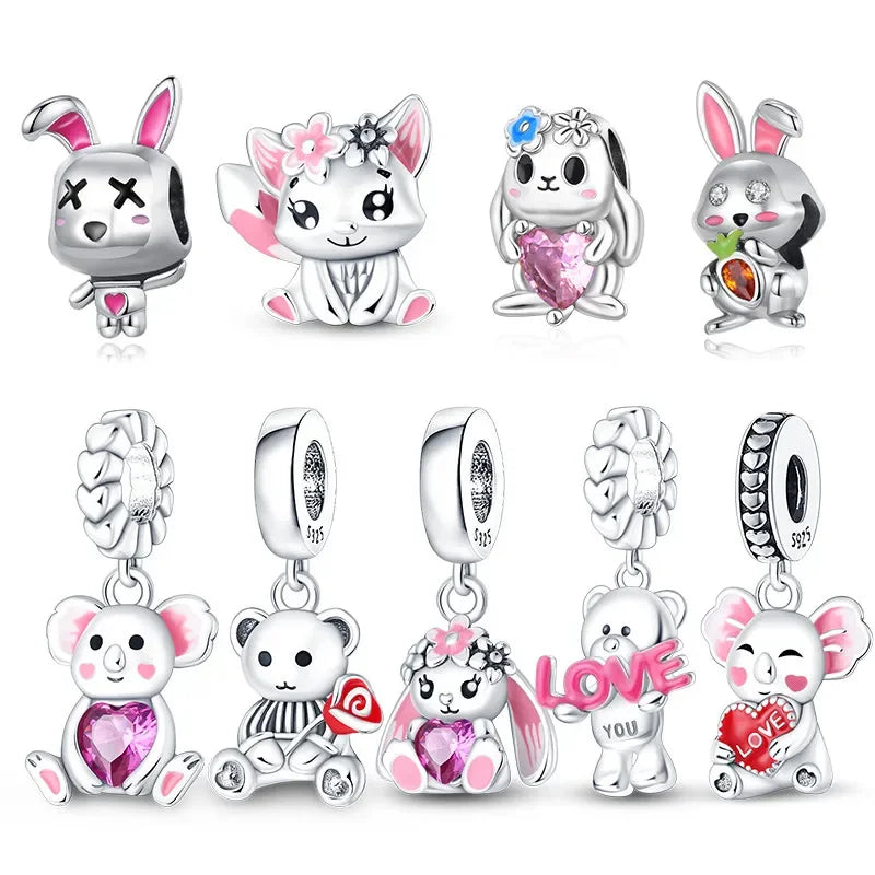 Silver Charms for Women Pink Heart Cute Animals Bear Rabbit Beads Fit Pandora Bracelet Original Color DIY Jewelry