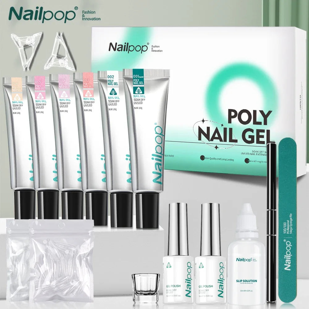 Kit PolyGel Extension d’Ongles 6 Couleurs avec Pinceau, Formes, Base et Top Coat