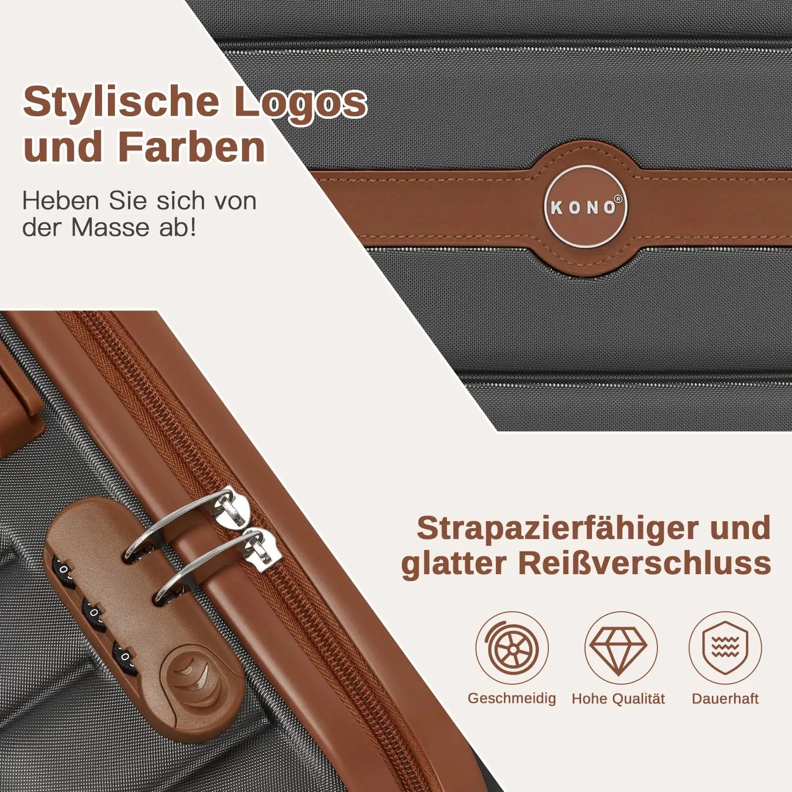 Ensemble de valises rigides PC KONO 3 pièces – léger, 360° roues doubles, serrure à combinaison, valises 55/66/76 cm