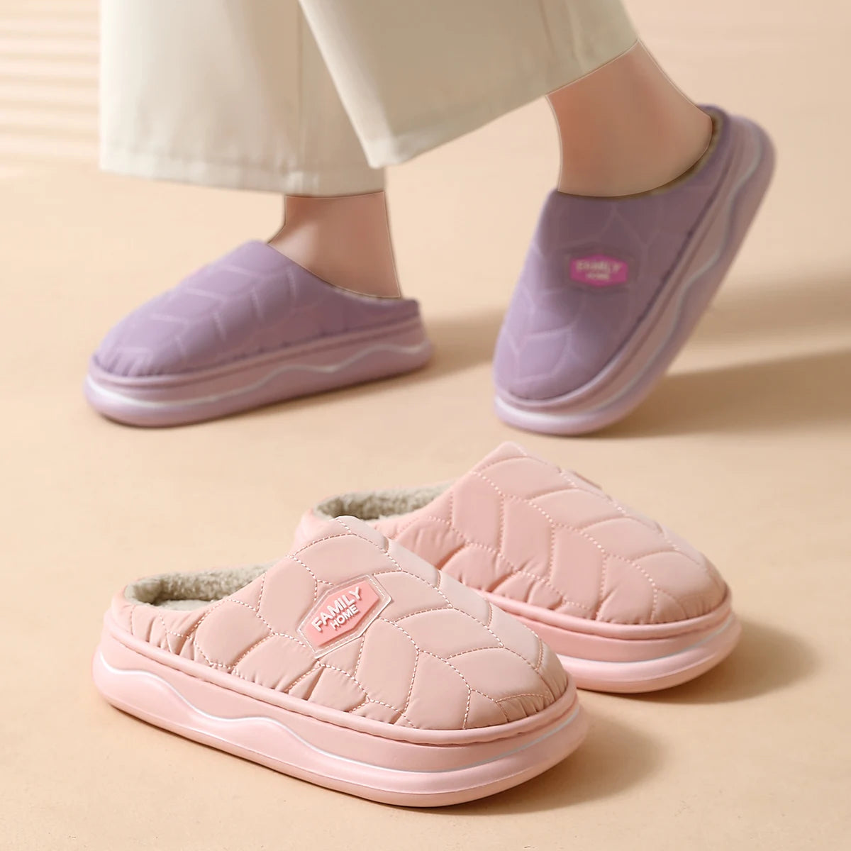 Pantoufles en fourrure imperméables pour hommes et femmes, Chaussons moelleux pour la maison, chaussures d'intérieur décontractées, chaussons chauds et doux pour la maison