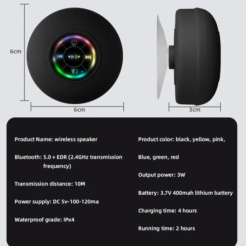 Enceinte de douche Bluetooth étanche portable avec ventouse, caisson de basses stéréo Surround 3D, lumières LED