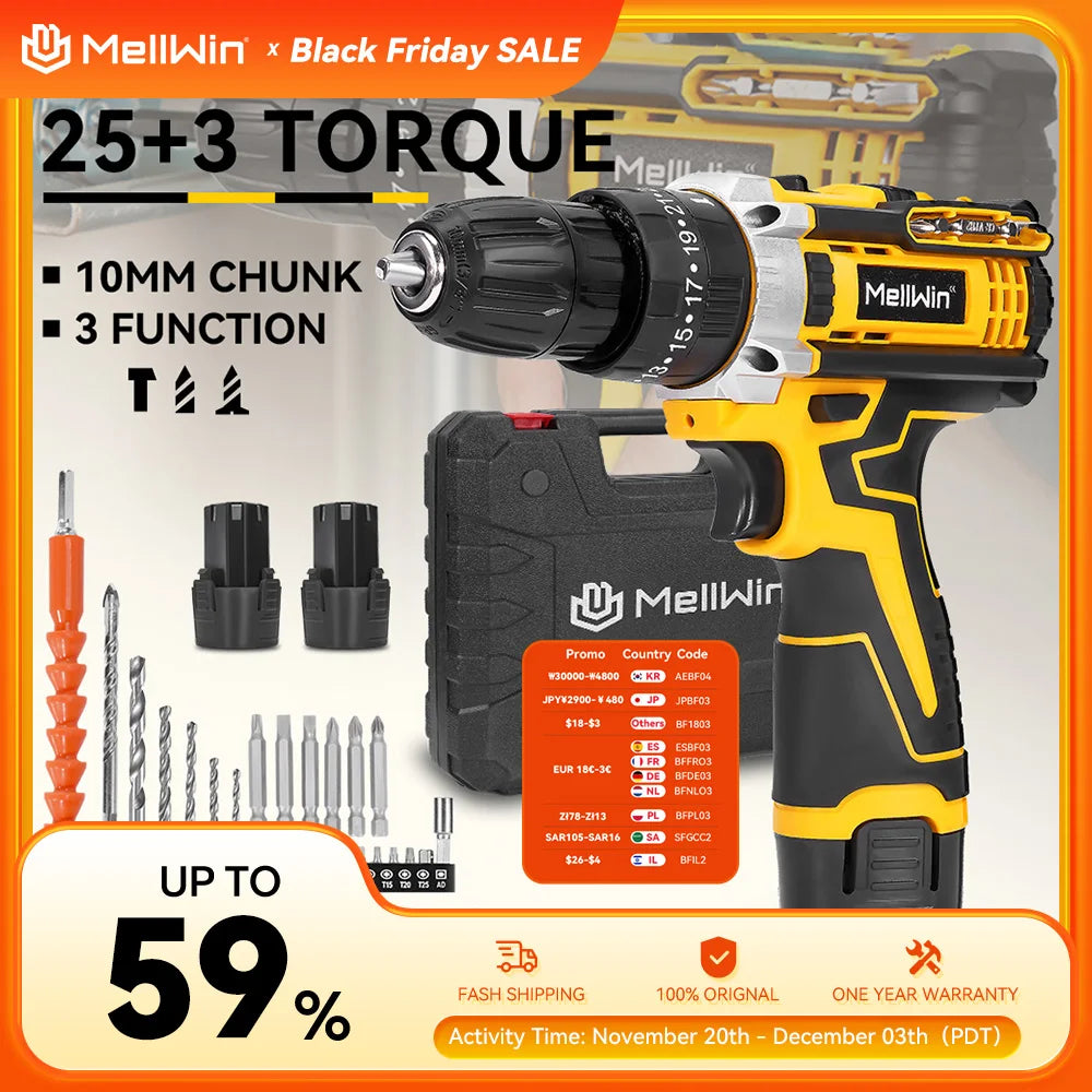 MELLWIN 25 + 3 couple perceuse électrique 12V perceuse sans fil tournevis électrique deux vitesses vitesse réglable Mini pilote d'alimentation sans fil