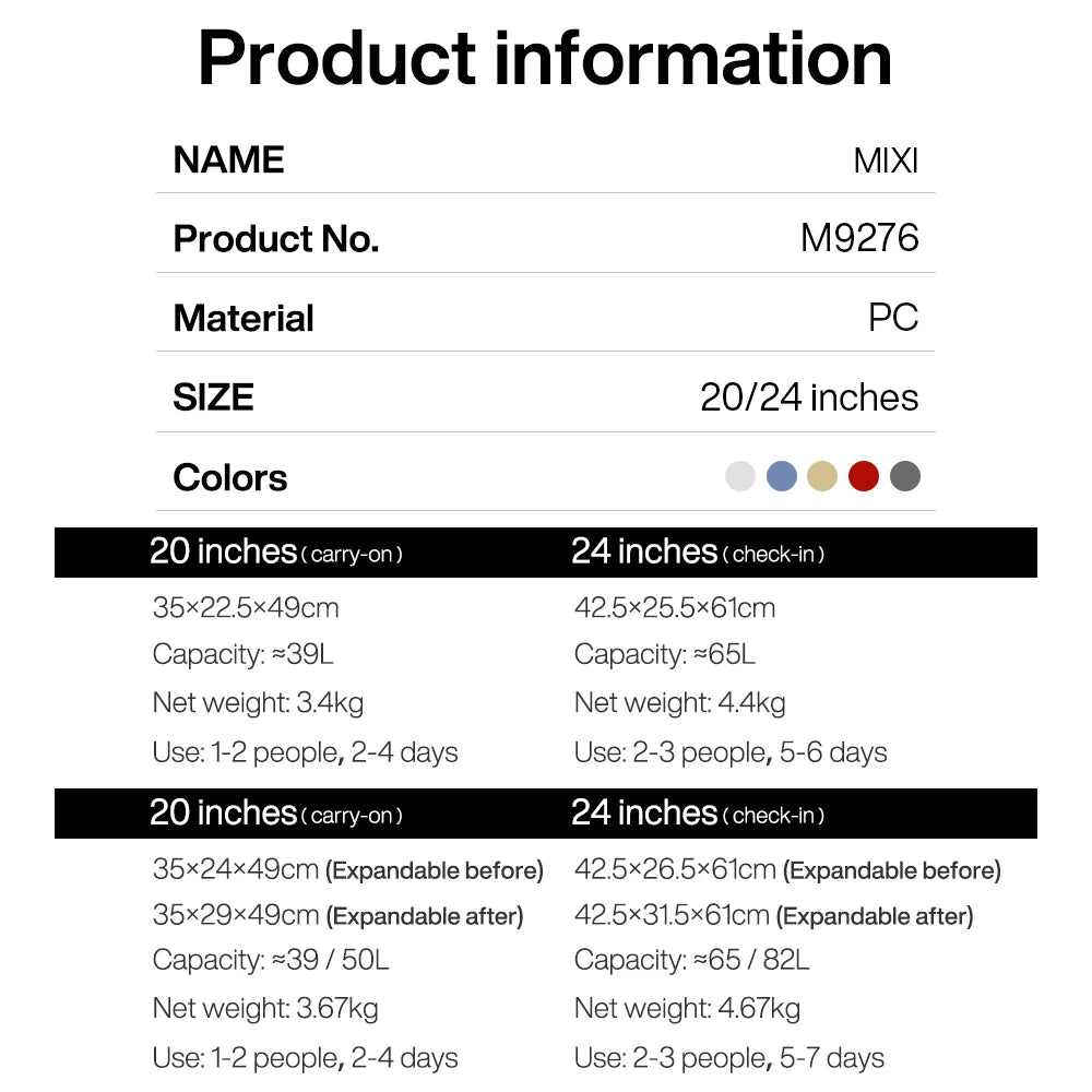 Valise Mixi M9276KRB – Bagage à main extensible, poignée large, roues pivotantes